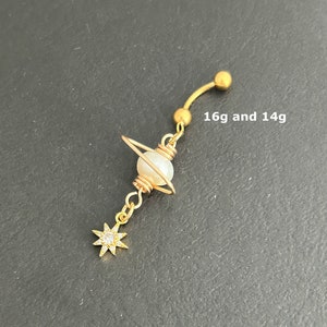 16g or 14g Bar  Titanium - Gold Saturn Belly Ring