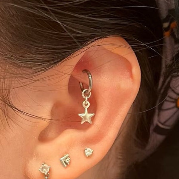 Implant Grand Titanium - 20g 18g 16g Clicker - TINY Star Sterling Silver Charm - Rook Hoop With Charm - Lobe Cartilage Helix