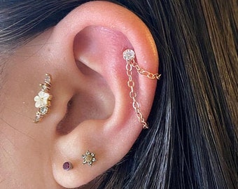 1 PC- 16g Implant Grand Titanium - Gold PVD Tragus  Barbell with Chain