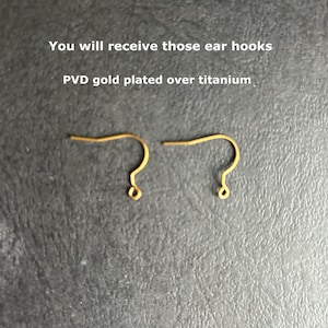 May include: Two gold-colored ear hooks with a PVD gold plated finish over titanium. The text above the hooks reads: You will receive those ear hooks PVD gold plated over titanium. These jewelry components feature a curved wire design.
