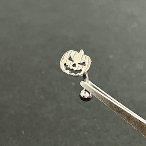 Puede incluir: Piercing corporal de plata con un encanto en forma de calabaza. El encanto tiene una cara de calabaza tallada.