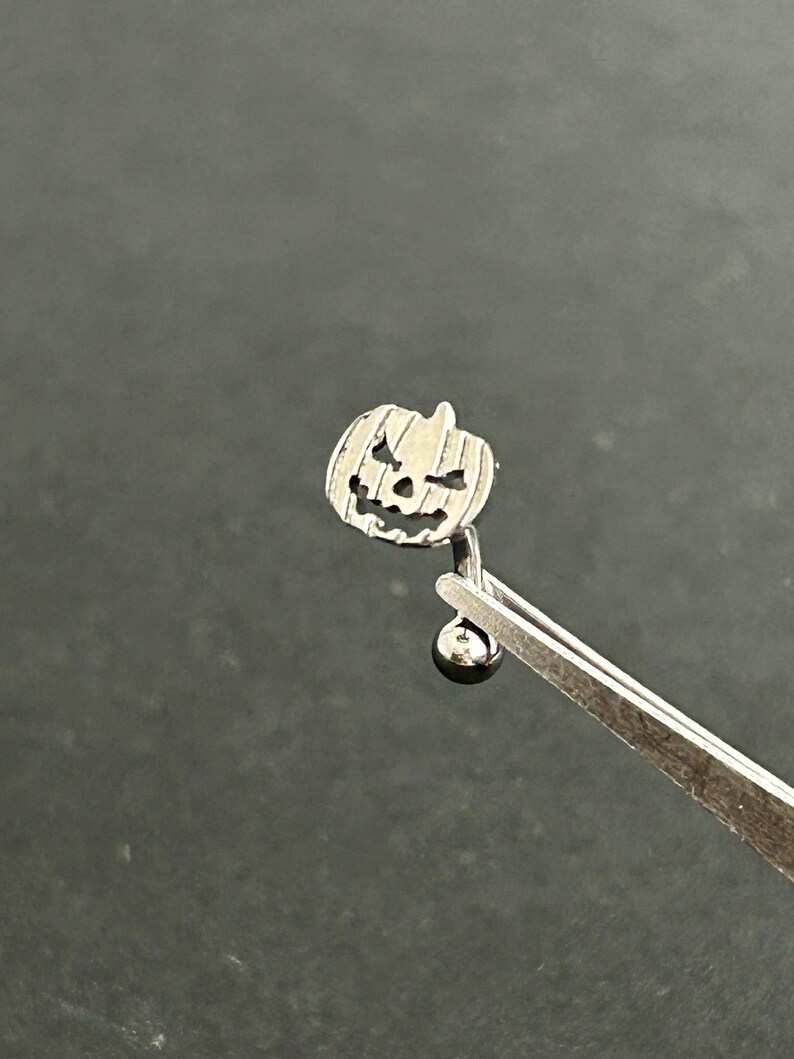Puede incluir: Piercing corporal de plata con un encanto en forma de calabaza. El encanto tiene una cara de calabaza tallada.