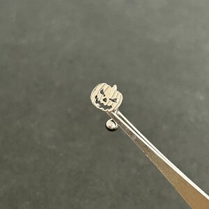 Puede incluir: Un charm de calabaza plateado con una cara tallada, unido a una bola plateada en una cadena plateada.