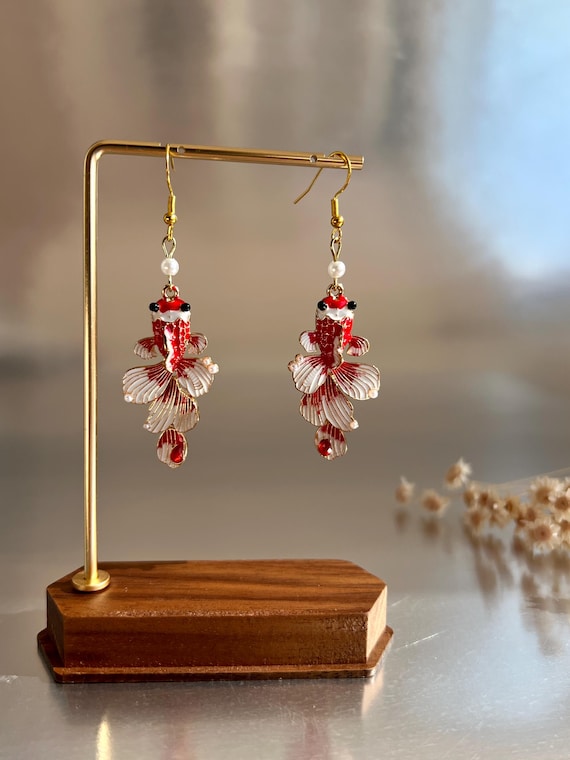 A Pair - Enamel Koi Fish Lobe Earrings - Gold Hoop Earrings