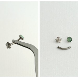 1 peça - Barra de 16g de 6 a 12 mm - Titânio grau de implante - Rosca interna - Barra vertical em flor de aventurina verde