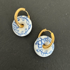 A Pair - Blue White Porcelain Donut  Lobe Earrings - Goog Hoop Earrings