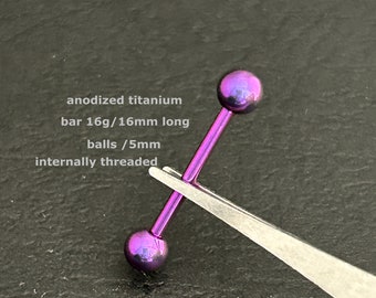 Ready To Ship ‣ 16g 14g ‣ Anodized Titanium Tongue Barbell • Internally Threaded •  Anodized 8