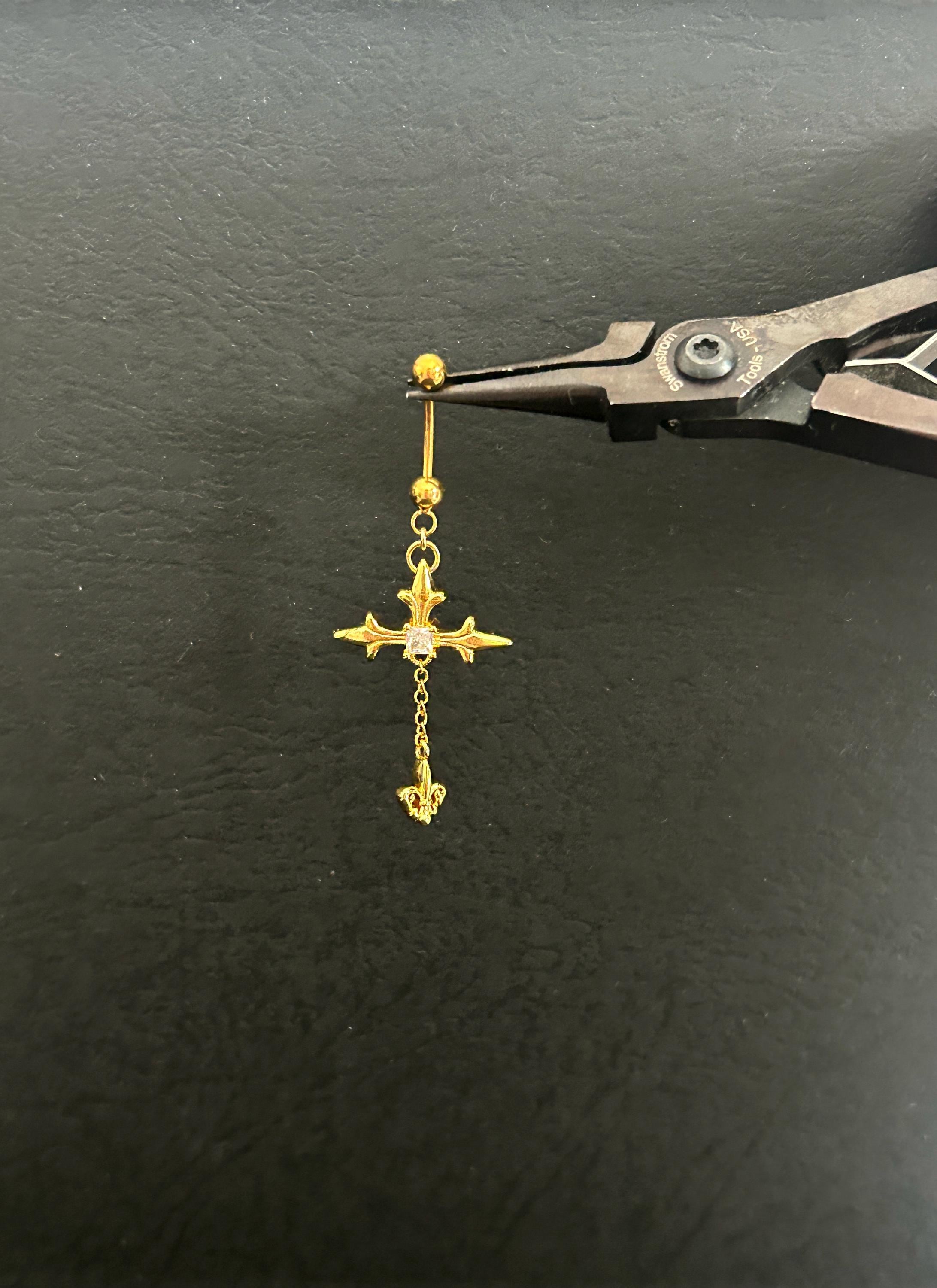 16g 14g ‣ Verified Titanium Barbell- Gold Cross Belly Ring - Hypoallergenic Piercing