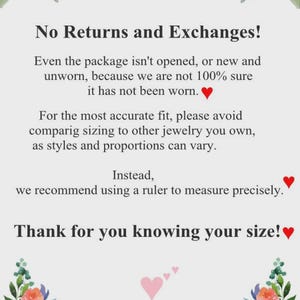 May include: A white background with text about returns and exchanges, and advice on sizing. Floral watercolor illustrations in pink, red, yellow, and green are at the top and bottom of the image.