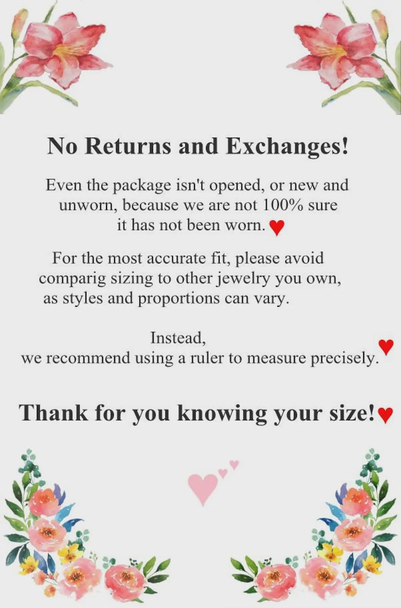 May include: A white background with text about returns and exchanges, and advice on sizing. Floral watercolor illustrations in pink, red, yellow, and green are at the top and bottom of the image.