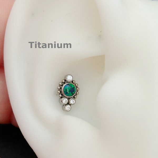 18g 16g  ‣ Implant Grand Titanium • Green  Internally Threaded CZ Conch Stud • Conch Helix Tragus Stud • 38