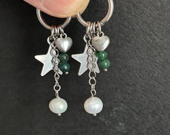 A Pair ‣ Star Pearl Hoop Earrings • All Stainless Steel • Star Earrings