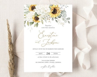 Floral White Hydrangea Sunflowers Wedding Invitation Template, Elegant Floral White Wedding Invitation, Printable Invitation Suite