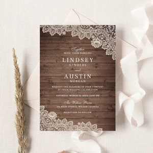 Lace Wood Wedding Invitation Template, Printable Invitation, Wood Tiles Texture, Rustic Country Wedding, Editable Invitation, Barn Wedding