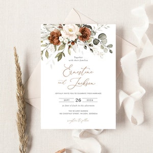 Greenery Rust Cream Wedding Invitation, Floral Autumn Invitation, Terra Cotta Fall Wedding, Ivory Rust Flowers, Editable, Printable Template