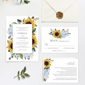 Sunflowers Dusty Blue Wedding Invitation, Printable Invitation Template, Editable Rustic Wedding Invitation, Dusty Blue Floral Invitation