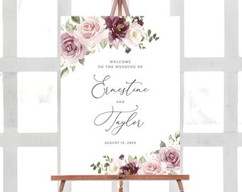 Floral Mauve Blush Wedding Sign, Violet Flowers Greenery Wedding, Dusty Rose Wedding Sign, Printable Welcome Sign, Bohemian Wedding Sign