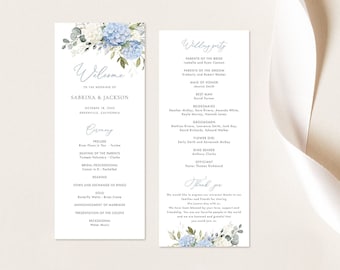 Floral Blue Hydrangea Wedding Program Template, Printable Order of Service, White Hydrangea Greenery Wedding, Dusty Blue Editable Program