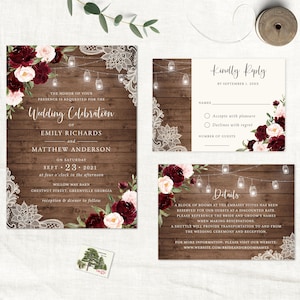 Rustic Burgundy Wedding Invitation. Printable Invitation Template. String Lights Lace Wood Invite. Instant Download Editable DIY Invitation