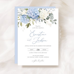 Floral Blue Hydrangea Greenery Wedding Invitation Template, Elegant Floral White Wedding Invitation, Printable Invitation Suite