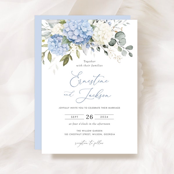 Modèle de faire-part de mariage verdure hortensia bleu floral, faire-part de mariage blanc floral élégant, suite d'invitations à imprimer