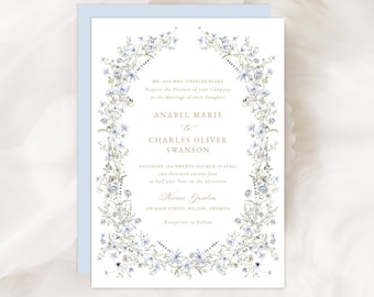 Elegant Dusty Blue Wildflowers Wedding Invitation Template. Blue Floral Greenery Wreath. Editable Wedding Invite