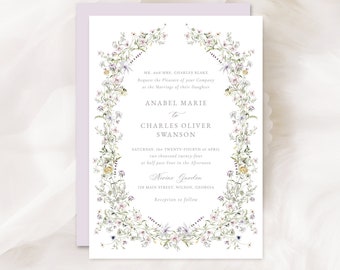 Elegant Wildflowers Wreath Blush Pink Wedding Invitation Template. Elegant Dusty Rose Lavender Flowers, Greenery Editable Wedding Invite