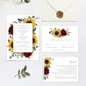 Sunflowers Burgundy Wedding Invitation, Printable Invitation Template, Floral Burgundy Invitation, Rustic, Greenery, Editable Wedding Suite image 1