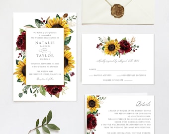 Sunflowers Burgundy Wedding Invitation, Printable Invitation Template, Floral Burgundy Invitation, Rustic, Greenery, Editable Wedding Suite