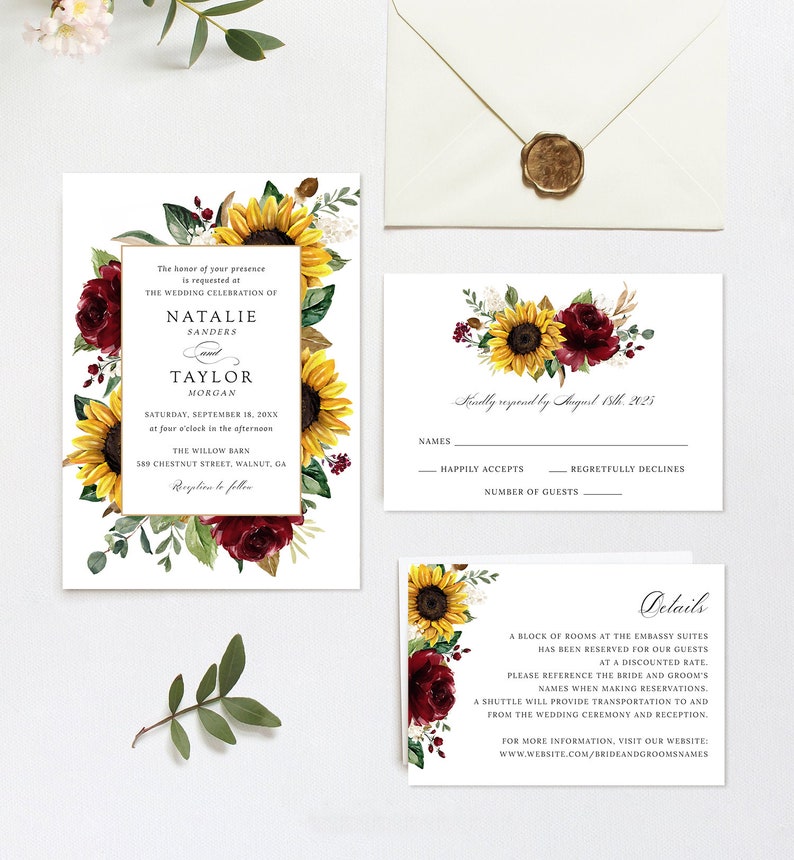 Sunflowers Burgundy Wedding Invitation, Printable Invitation Template, Floral Burgundy Invitation, Rustic, Greenery, Editable Wedding Suite image 1
