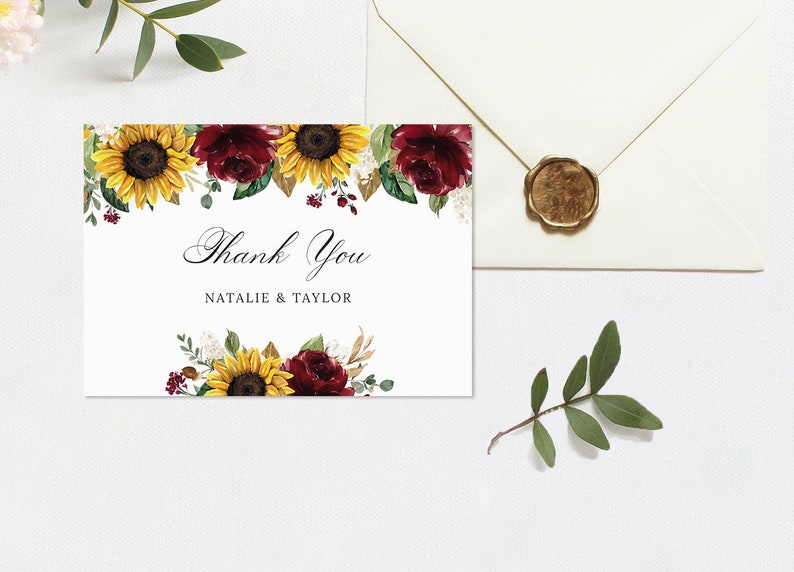 Sunflowers Burgundy Wedding Invitation, Printable Invitation Template, Floral Burgundy Invitation, Rustic, Greenery, Editable Wedding Suite image 2