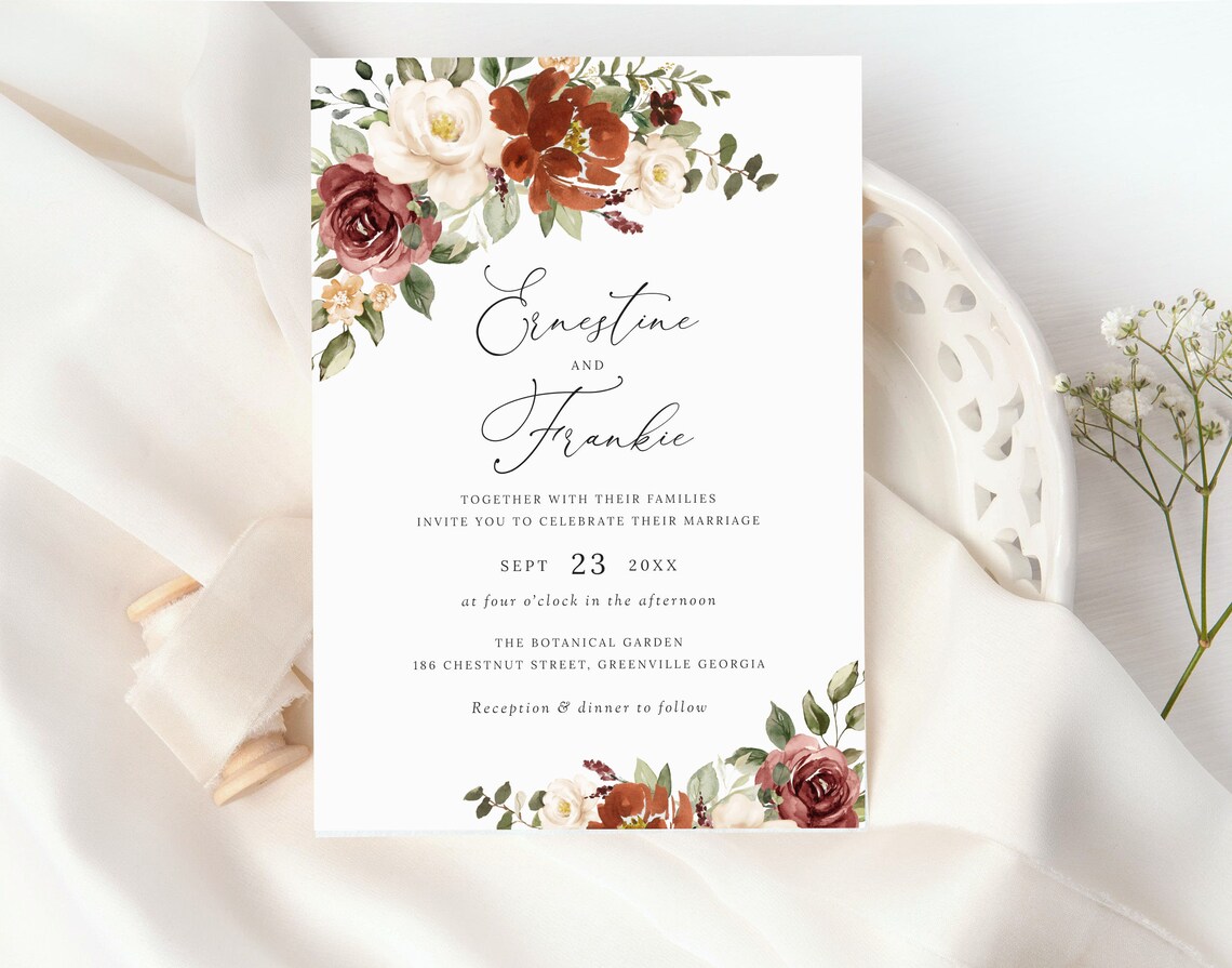 Burgundy Rust Bohemian Wedding Invitation Terra Cotta Fall | Etsy