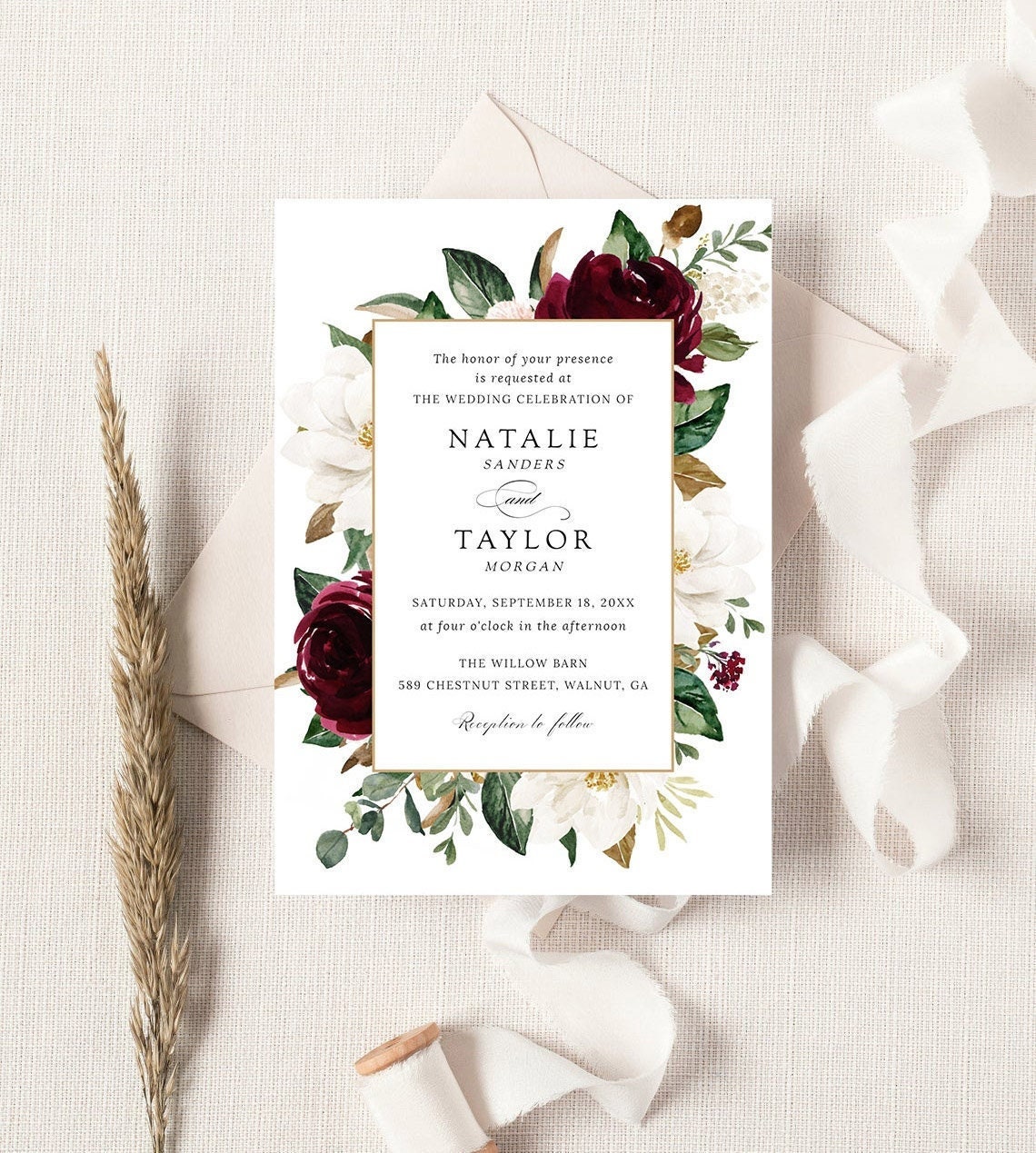 Floral Burgundy White Wedding Invitation Template Editable image 1