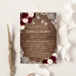 Rustic Burgundy Wedding Invitation. Printable Invitation Template. String Lights Lace Wood Invite. Instant Download Editable DIY Invitation image 2