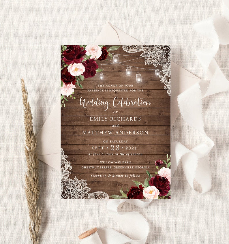 Rustic Burgundy Wedding Invitation. Printable Invitation Template. String Lights Lace Wood Invite. Instant Download Editable DIY Invitation image 2