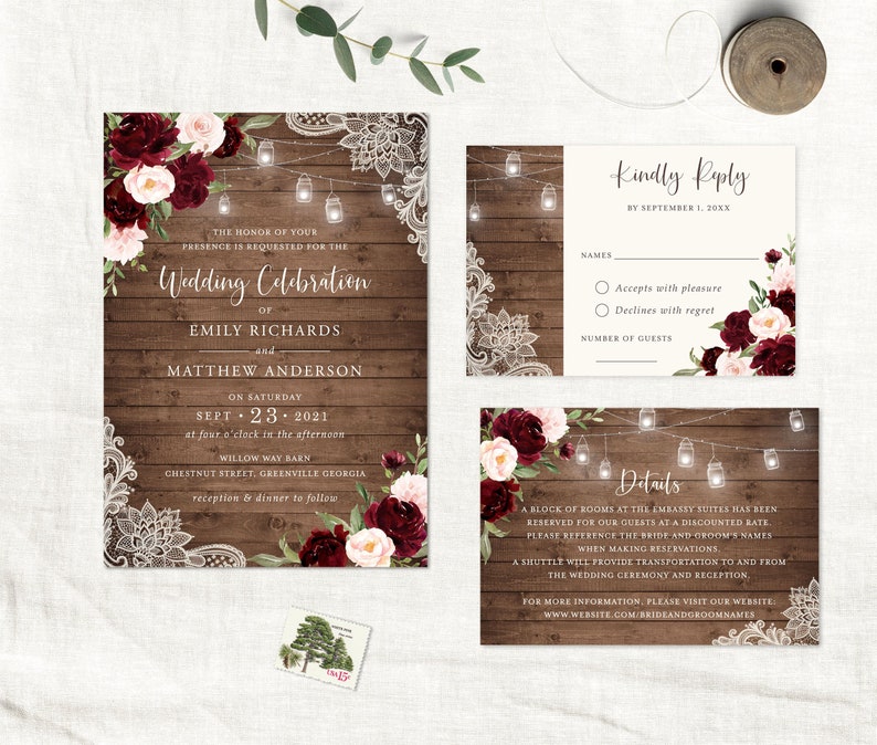 Rustic Burgundy Wedding Invitation. Printable Invitation Template. String Lights Lace Wood Invite. Instant Download Editable DIY Invitation image 1