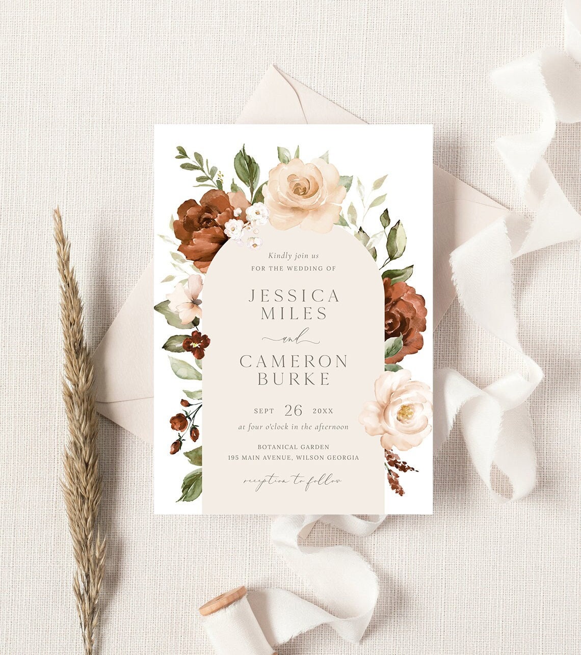 Floral Rust Wedding Invitation Template Burnt Orange Arch | Etsy Canada