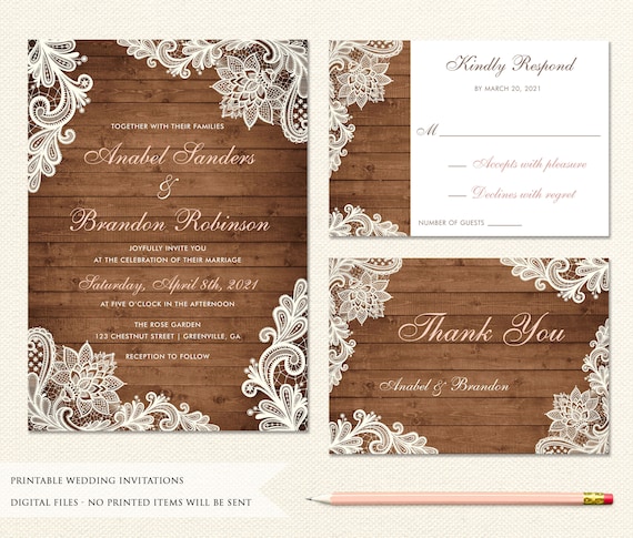 Rustic Wedding Invitation. Printable Invitation. Lace Wedding | Etsy