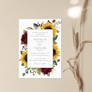 Sunflowers Burgundy Wedding Invitation, Printable Invitation Template, Floral Burgundy Invitation, Rustic, Greenery, Editable Wedding Suite image 3