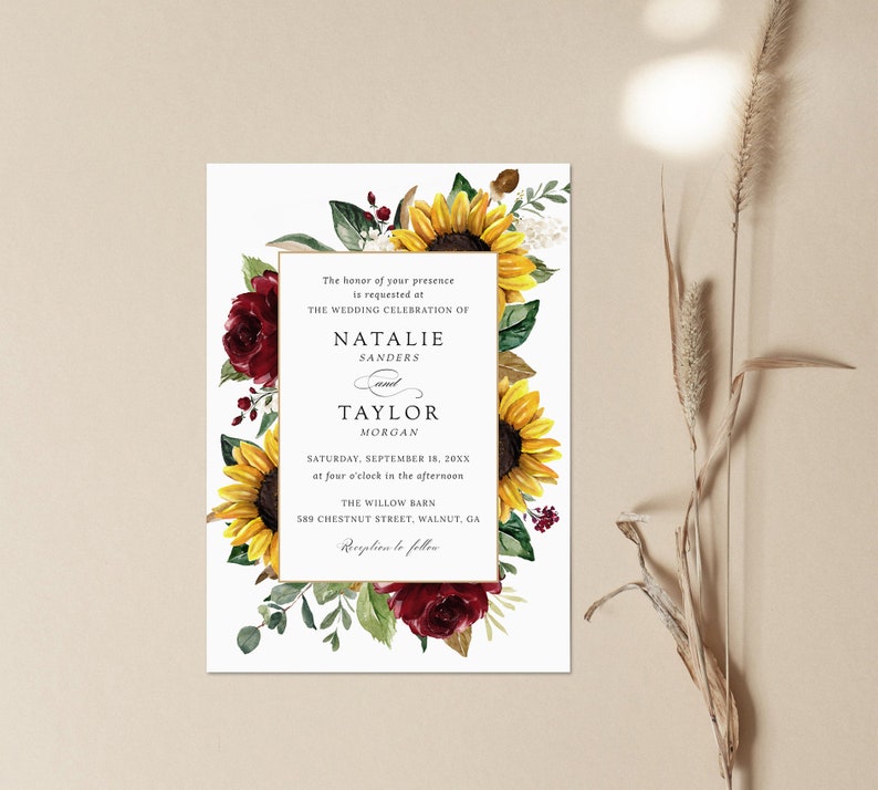 Sunflowers Burgundy Wedding Invitation, Printable Invitation Template, Floral Burgundy Invitation, Rustic, Greenery, Editable Wedding Suite image 3