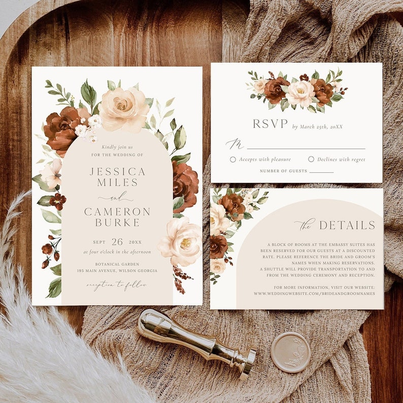 Floral Rust Wedding Invitation Template, Burnt Orange Arch Invitation, Terracotta Wedding, Printable Invitation, Bohemian Editable Invite image 1