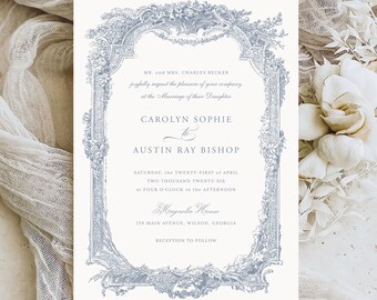 Elegant Floral Vintage Frame Wedding Invitation, Vintage Ornament Frame Invite, Traditional Wedding, Dusty Blue Baroque Frame Invitation