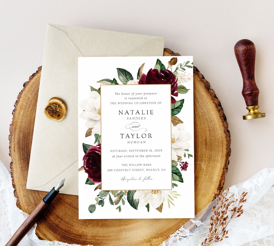 Floral Burgundy White Wedding Invitation Template Editable image 2