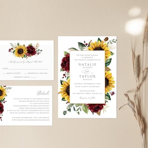 Sunflowers Burgundy Wedding Invitation, Printable Invitation Template, Floral Burgundy Invitation, Rustic, Greenery, Editable Wedding Suite image 8