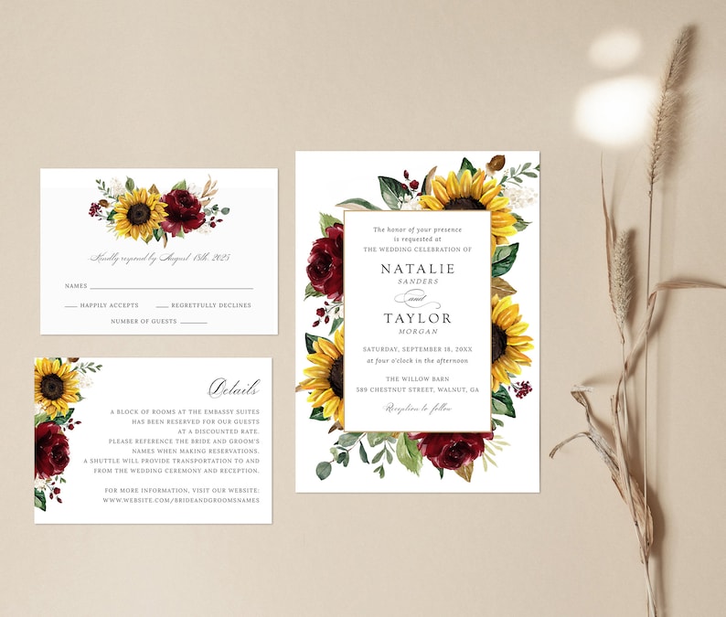 Sunflowers Burgundy Wedding Invitation, Printable Invitation Template, Floral Burgundy Invitation, Rustic, Greenery, Editable Wedding Suite image 8