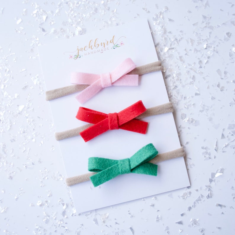 Pastel Christmas Schoolgirl Bow 3 Pack peppermint felt bow newborn gift nutcracker bows christmas present winter baby pink red