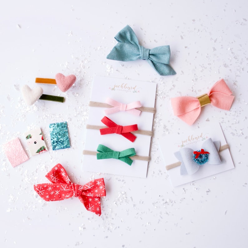 Pastel Christmas Schoolgirl Bow 3 Pack peppermint felt bow newborn gift nutcracker bows christmas present winter baby pink red