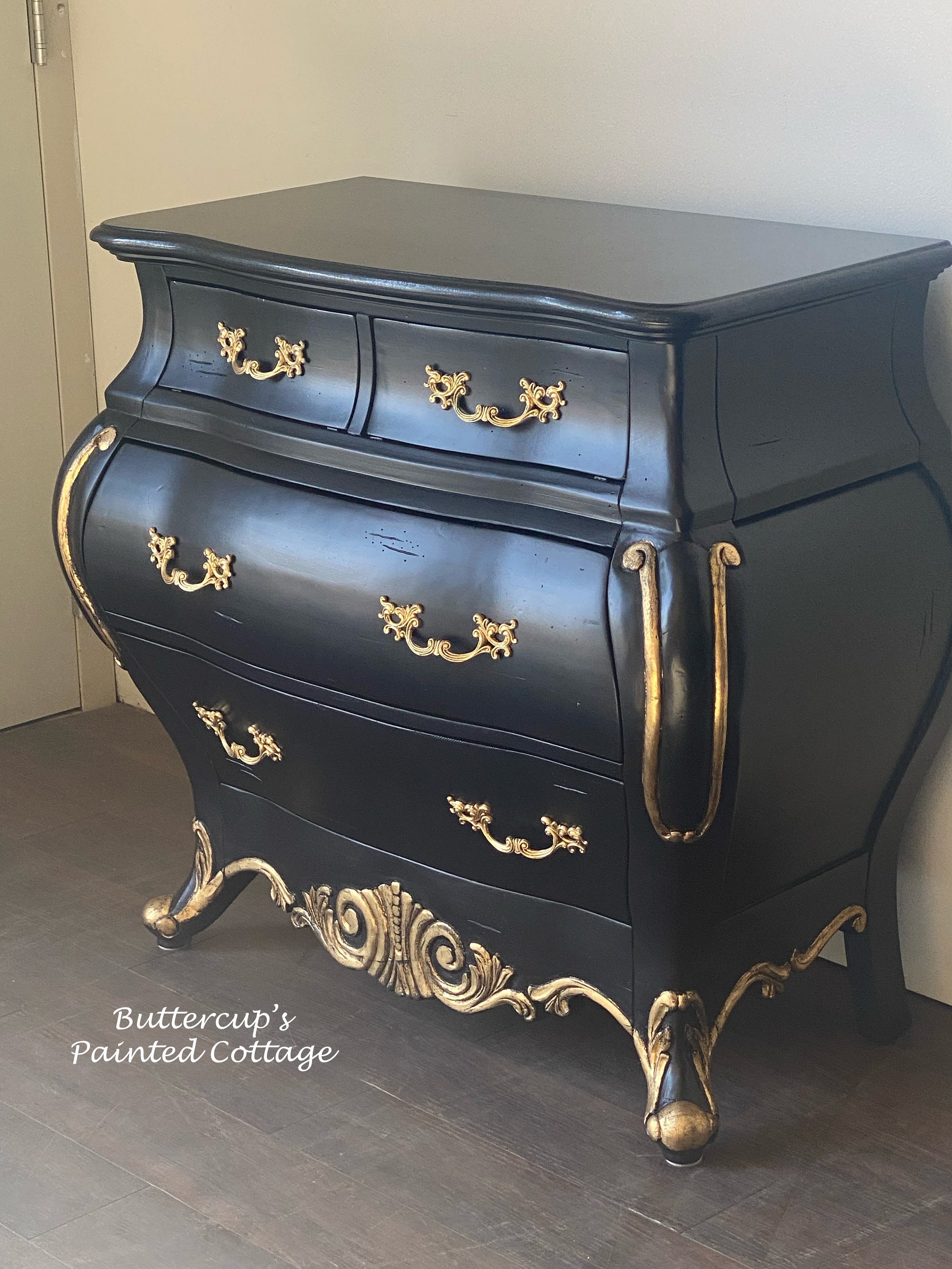 black gold dresser Tradare for Bedroom with Handle Modern 7 Drawer Dresser, Wood Chest of Drawer Closet Clothes Storage Organizer for Living Room, Hallway, TV Stand, 55 Inch Ridged door surface finished in matte black paint Hand-painted Black Bombe Dresser: Vintage