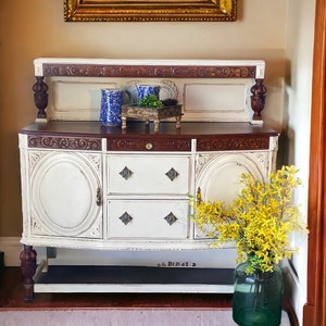 Creamy white chippy painted buffet, dining room storage, hand crafted,  sideboard, entertainment console, refinished antique furniture.