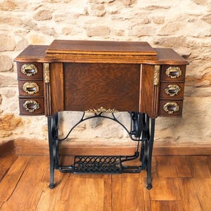 Antique New Royal treadle sewing machine in cabinet with six drawers, refinished sewing cabinet, lamp table, end table, home decor